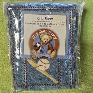 NWT NIP Crib Sheet 28 X 52 IN  BLUE JEAN TEDDY - Sports + Teddy Bear Print (Q3)